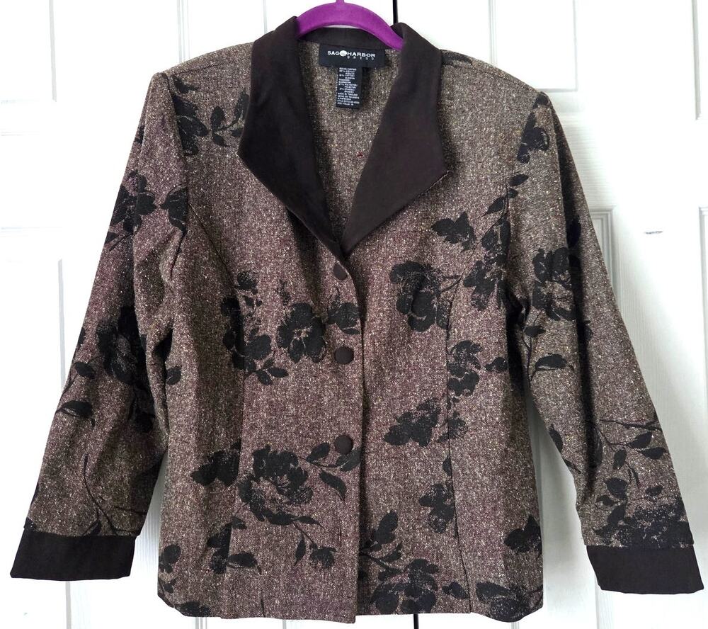 Vintage 90s Y2K Sag Harbor Chocolate Brown Floral Blazer Cotton Womens 14